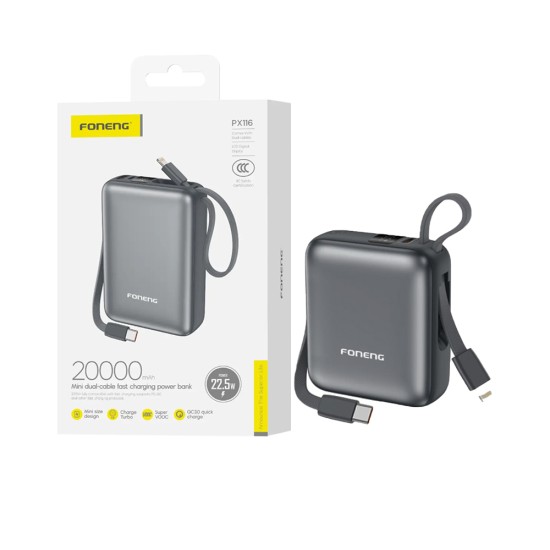 Foneng Power Bank PX116 with 2-in-1 Cable Lightning+Type-C 20000mAh Dark Gray